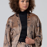 Boutique women's oversized kimono jacket in taupe and brown abstract print for sophisticated layered outfits