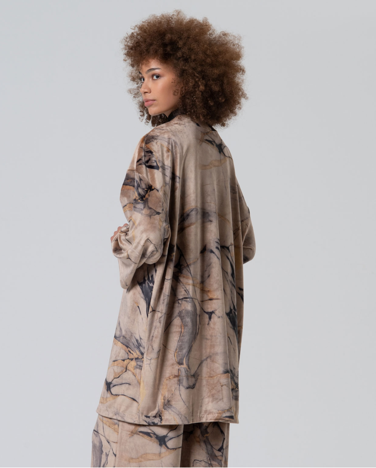 Long abstract print kimono jacket for women in taupe and earthy neutral tones with oversized wide sleeves