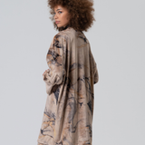Long abstract print kimono jacket for women in taupe and earthy neutral tones with oversized wide sleeves