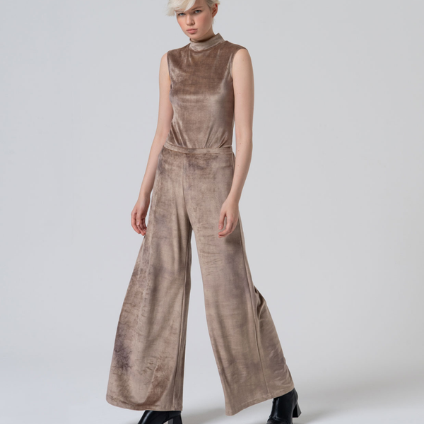 Women's taupe velvet wide-leg pants, high-waisted palazzo trousers with a soft luxe finish for elegant evening outfits