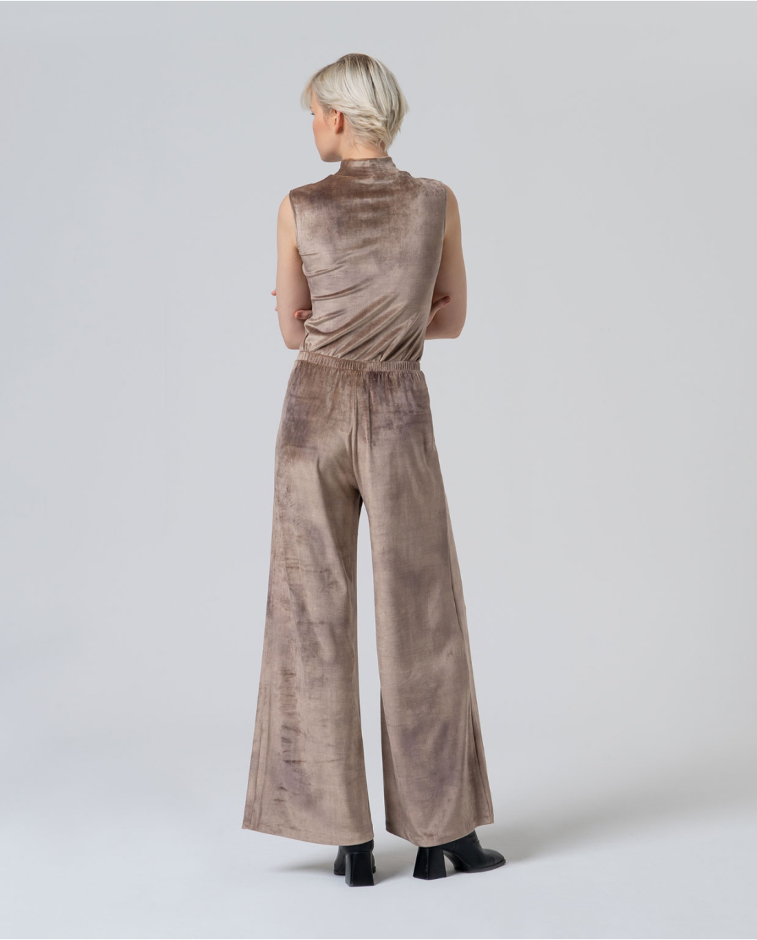 Women's soft velvet palazzo pants in taupe for holiday parties, dinner dates and special occasion dressing