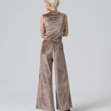 Women's soft velvet palazzo pants in taupe for holiday parties, dinner dates and special occasion dressing