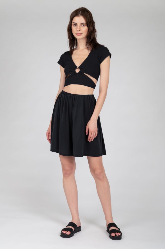 Women's black wide-legged flowy shorts with comfortable elastic waist and flattering fit.
