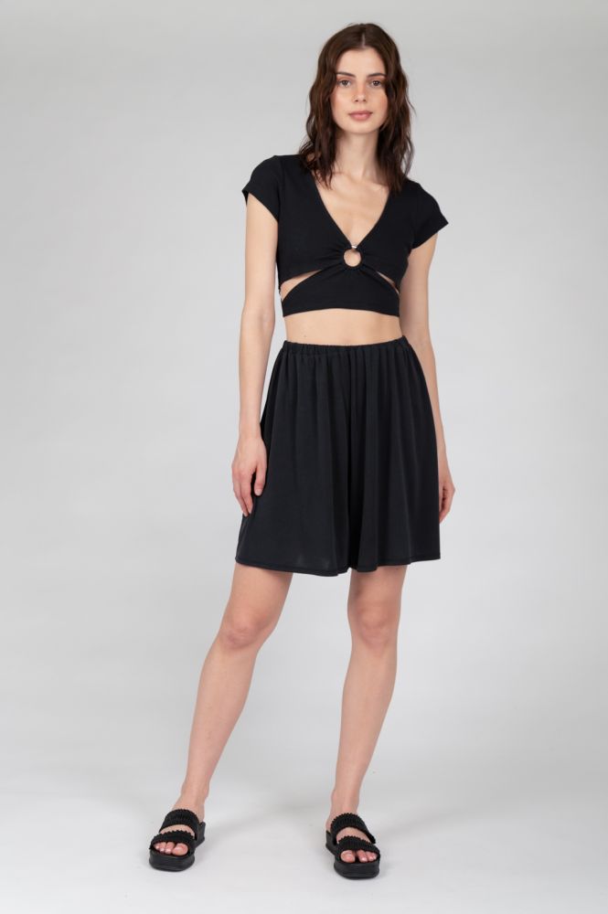 Women's pull-on black wide-legged shorts with gathered waist and comfortable fit.