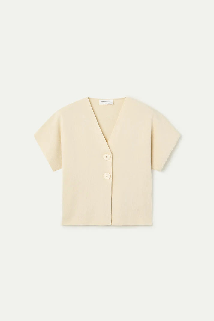 Women's contemporary cream V-neck blouse with wrap-inspired front, statement buttons and effortless minimalist fashion for casual chic outfits.