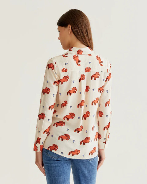 Cream printed women's shirt featuring coral animal motifs, classic collar and button-front design for chic casual and office wear.