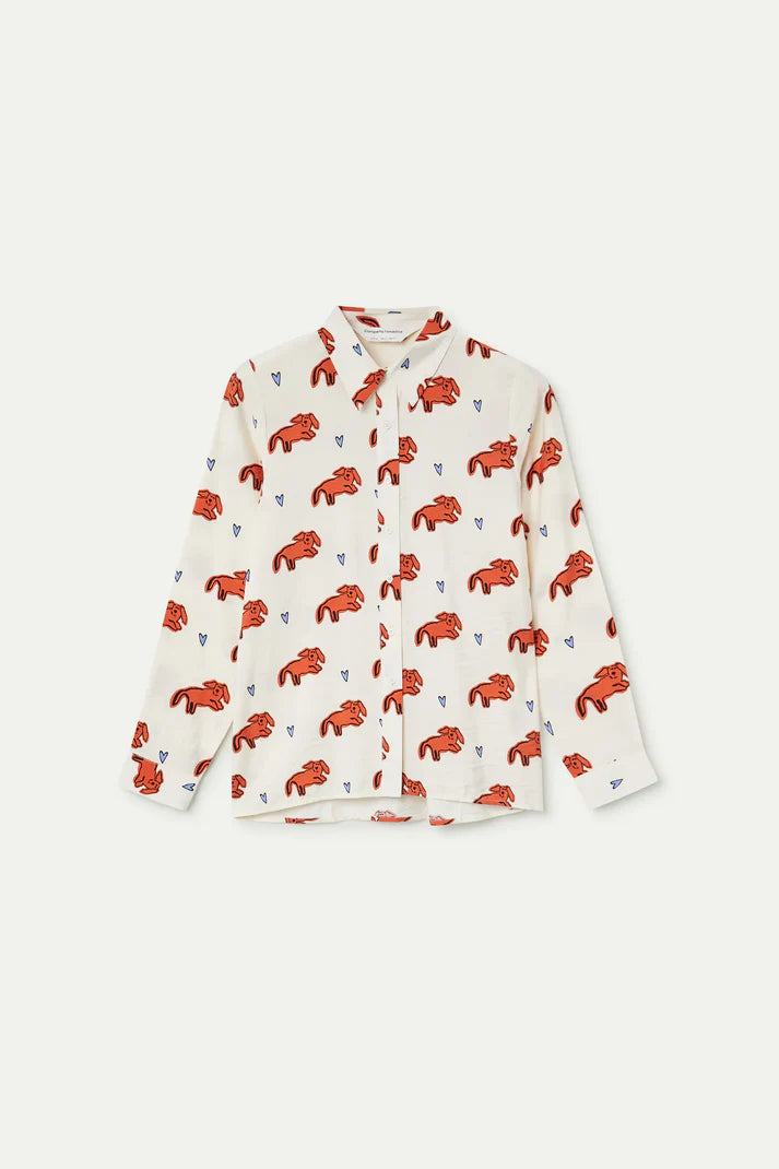 Women's designer-inspired novelty print blouse with coral leopard illustrations, classic collar and lightweight construction for chic European fashion.