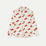 Women's designer-inspired novelty print blouse with coral leopard illustrations, classic collar and lightweight construction for chic European fashion.