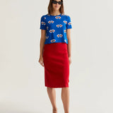 Premium boutique cobalt blue graphic top with whimsical heart and ladybug print, soft stretch fabric and modern casual styling for everyday wear.