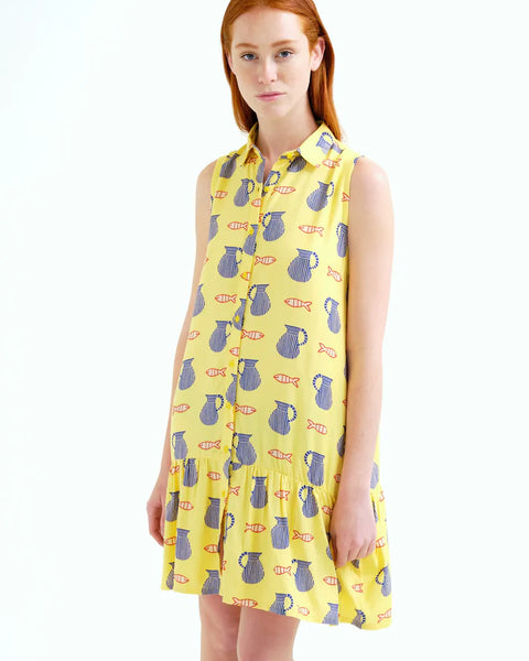 Lightweight sleeveless vacation dress featuring an artistic fish and ceramic pitcher pattern on a vibrant yellow background.