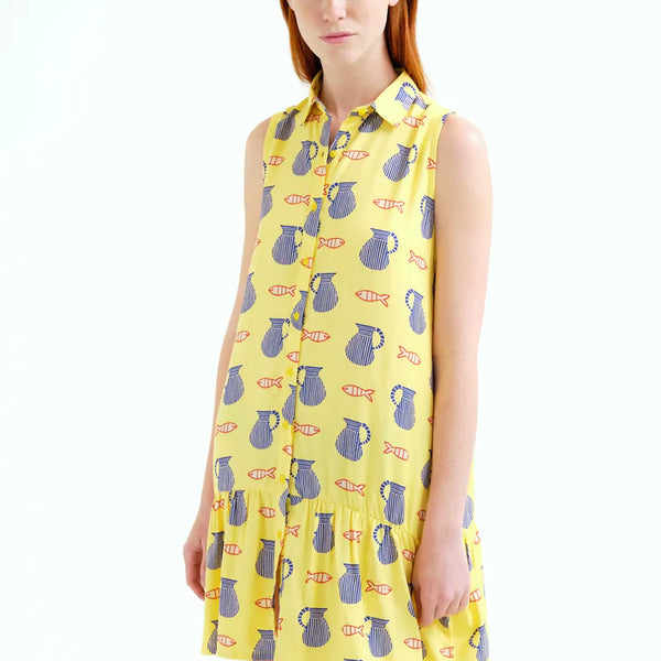Lightweight sleeveless vacation dress featuring an artistic fish and ceramic pitcher pattern on a vibrant yellow background.