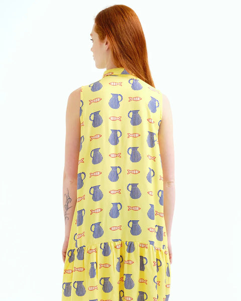 Contemporary sleeveless shirt dress showcasing artistic coastal illustrations, lightweight construction, and cheerful summer style.