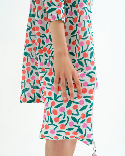 Fruit patterned cotton bag with a cherry print on a white background.