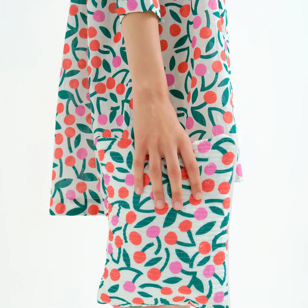 Fruit patterned cotton bag with a cherry print on a white background.