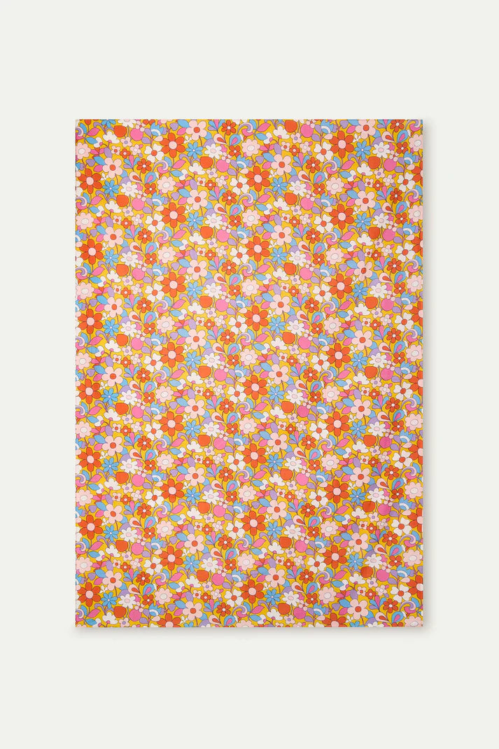 Floral patterned fabric of the sarong with colorful flowers on a white background.