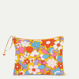 Colorful botanical makeup pouch featuring cheerful floral graphics, soft padded fabric, and practical zip-top organization.