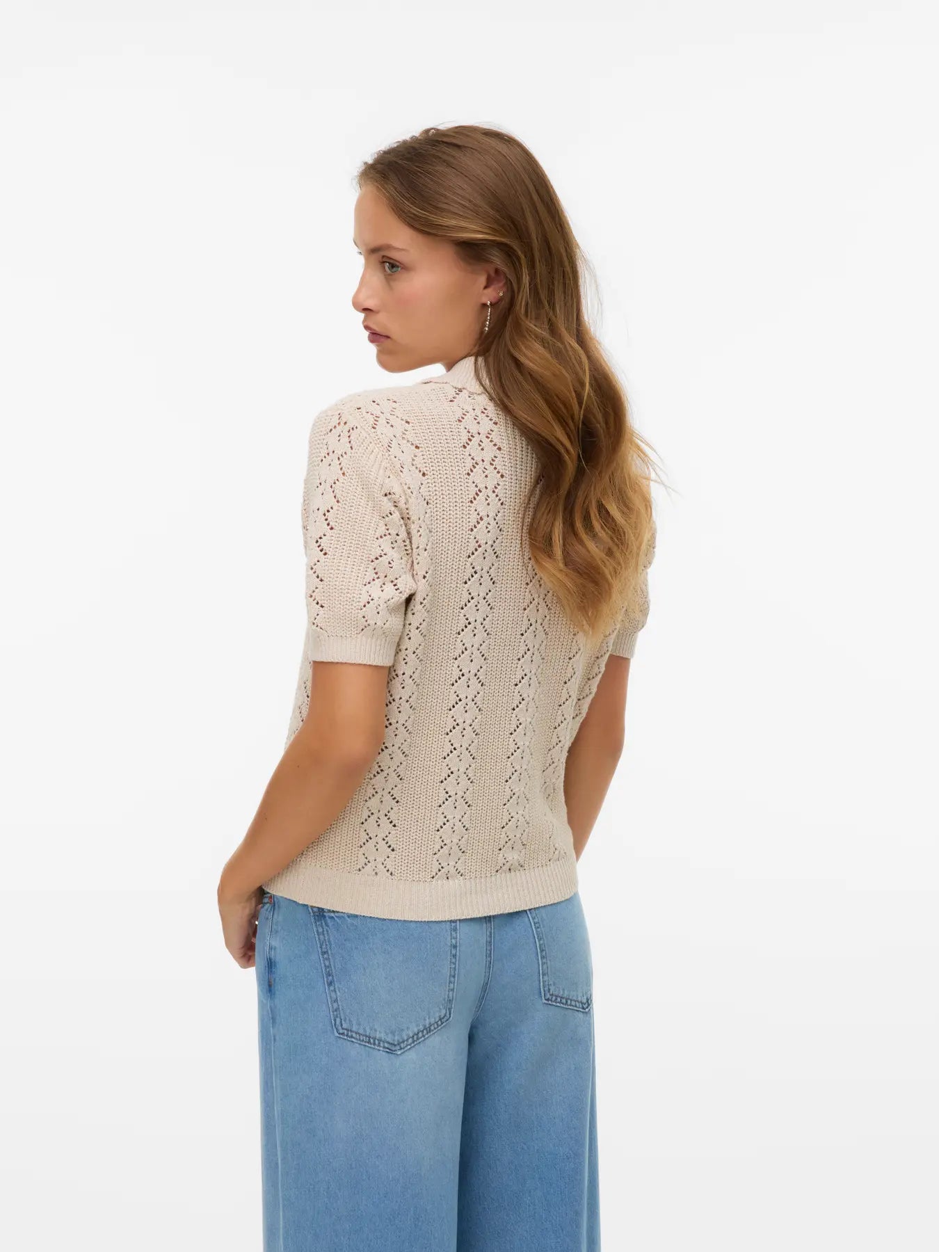 Boutique women's cream button-front pointelle cardigan with short sleeves, delicate open-knit texture and sophisticated Parisian-inspired design.