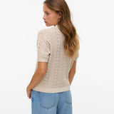 Boutique women's cream button-front pointelle cardigan with short sleeves, delicate open-knit texture and sophisticated Parisian-inspired design.
