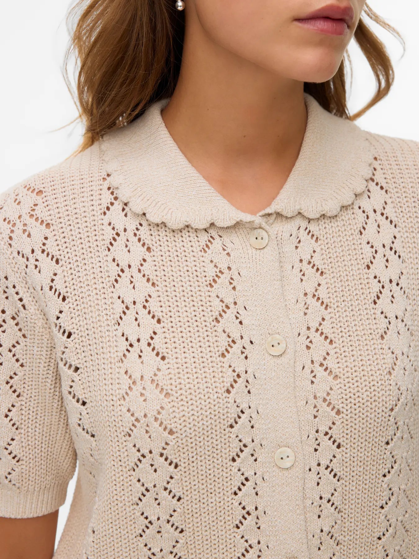 Designer-inspired cream pointelle sweater cardigan featuring a scalloped collar, short sleeves and classic button-front silhouette for versatile styling.