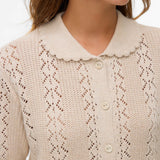 Designer-inspired cream pointelle sweater cardigan featuring a scalloped collar, short sleeves and classic button-front silhouette for versatile styling.