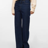 Women's full-length dark wash wide-leg jeans with high waist and classic denim details for versatile everyday wear.