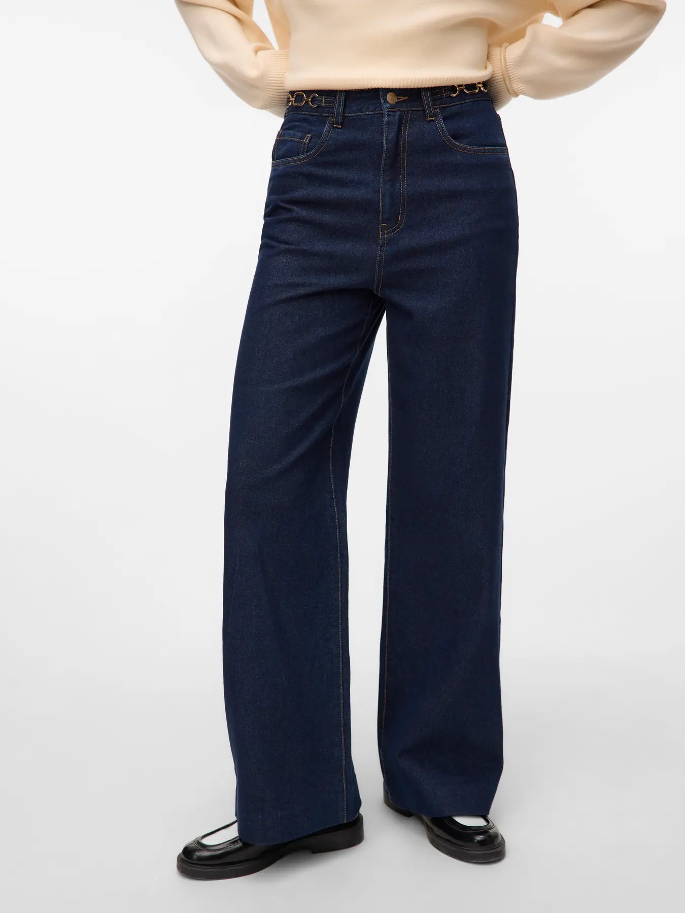 Dark indigo wide-leg jeans for women with a high-rise fit and full-length relaxed silhouette.