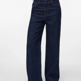 Dark indigo wide-leg jeans for women with a high-rise fit and full-length relaxed silhouette.