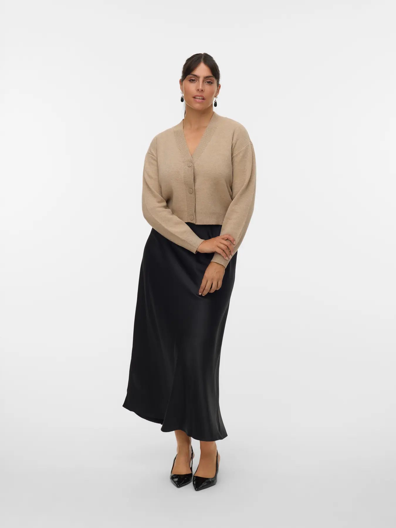 Women's beige V-neck cardigan with button front, long sleeves and cropped relaxed fit for timeless everyday style.