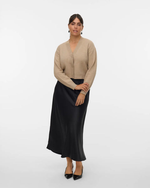 Women's beige V-neck cardigan with button front, long sleeves and cropped relaxed fit for timeless everyday style.