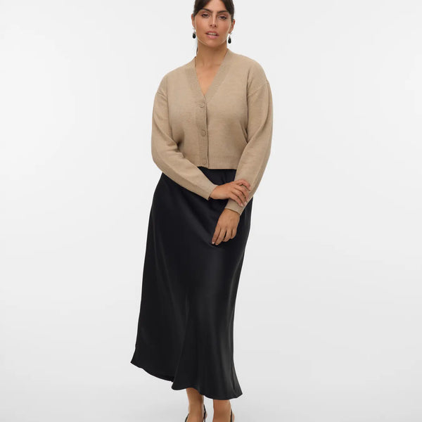 Women's beige V-neck cardigan with button front, long sleeves and cropped relaxed fit for timeless everyday style.