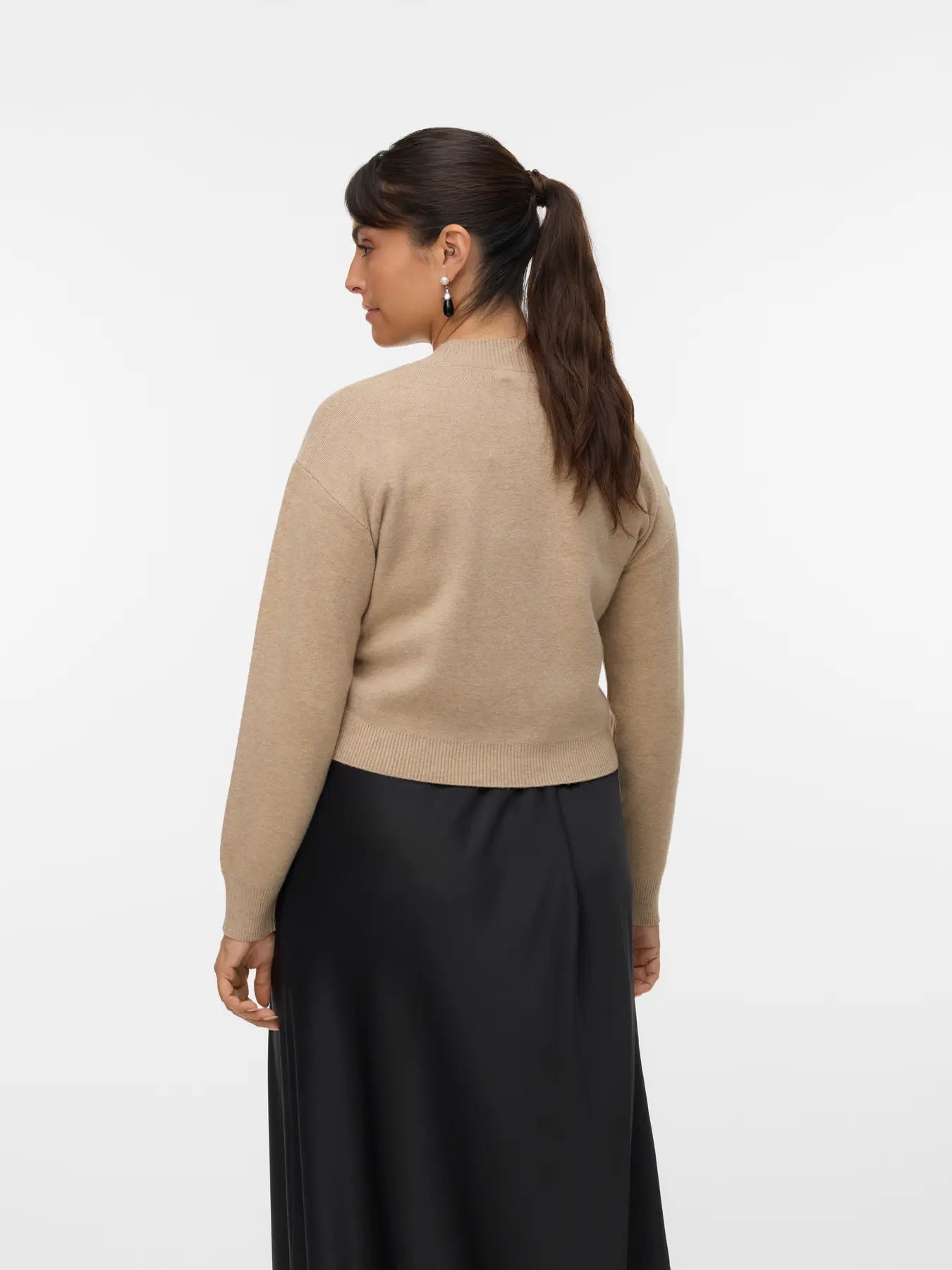 Women's taupe knit cardigan featuring a deep V-neckline, tonal buttons and ribbed trim for versatile layering.