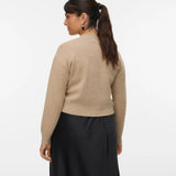 Women's taupe knit cardigan featuring a deep V-neckline, tonal buttons and ribbed trim for versatile layering.