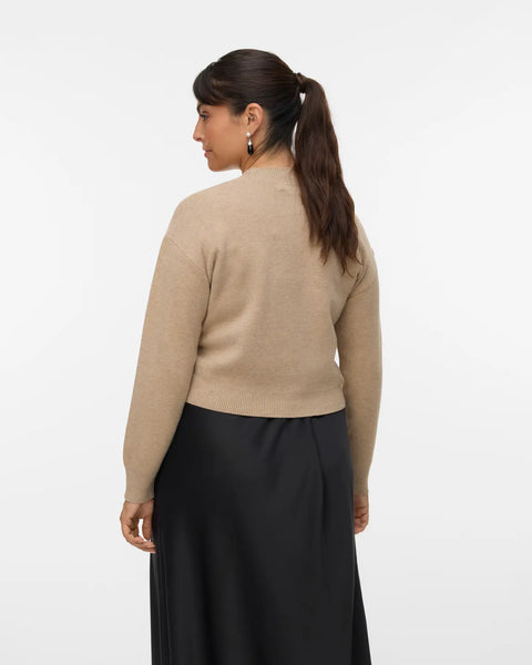 Women's taupe knit cardigan featuring a deep V-neckline, tonal buttons and ribbed trim for versatile layering.