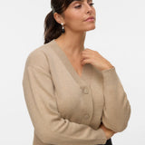 Women's classic camel beige button-up cardigan with relaxed silhouette for effortless layering and transitional season outfits.