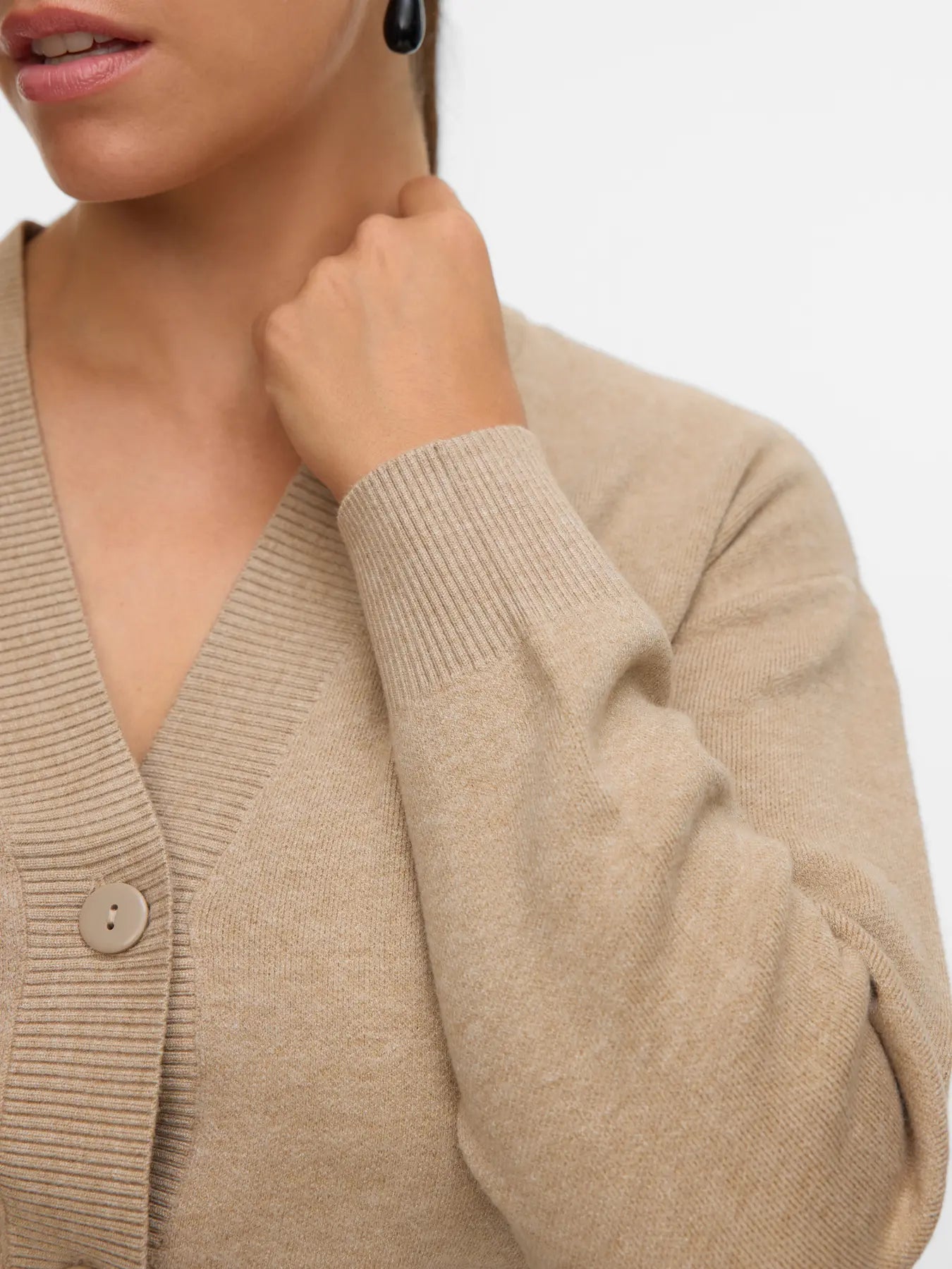 Women's minimalist taupe V-neck cardigan with tonal button details and ribbed cuffs for polished day-to-night styling.