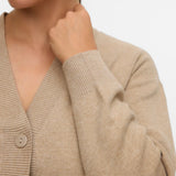 Women's minimalist taupe V-neck cardigan with tonal button details and ribbed cuffs for polished day-to-night styling.