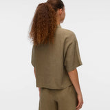 Elegant khaki short sleeve collared blouse featuring a button-front design, lightweight linen-blend fabric and modern relaxed silhouette.