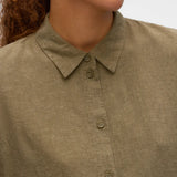 Elegant women's breathable linen-blend collared shirt in olive with button-front styling and relaxed fit for capsule wardrobes and warm-weather dressing.