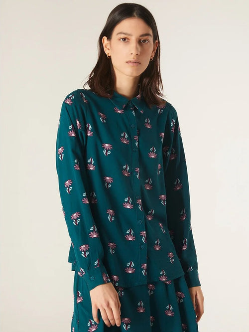 Relaxed fit floral button-front shirt in dark turquoise teal for minimalist boho and contemporary outfit inspiration.