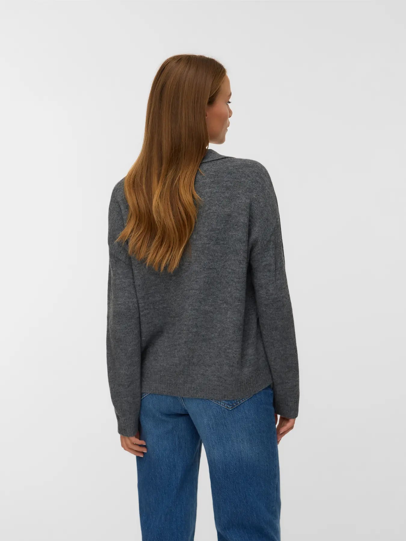 Boutique women's charcoal knit polo sweater with relaxed fit and classic collar for effortless transitional styling.