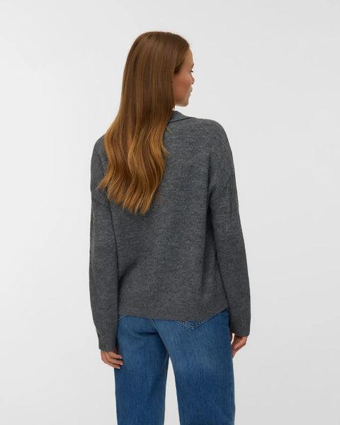 Boutique women's charcoal knit polo sweater with relaxed fit and classic collar for effortless transitional styling.