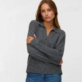 Women's dark grey long-sleeve polo sweater featuring a soft knit texture and open collar for minimalist smart casual style.