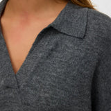 Women's minimalist charcoal grey polo knit sweater with open neckline for a versatile modern capsule wardrobe.