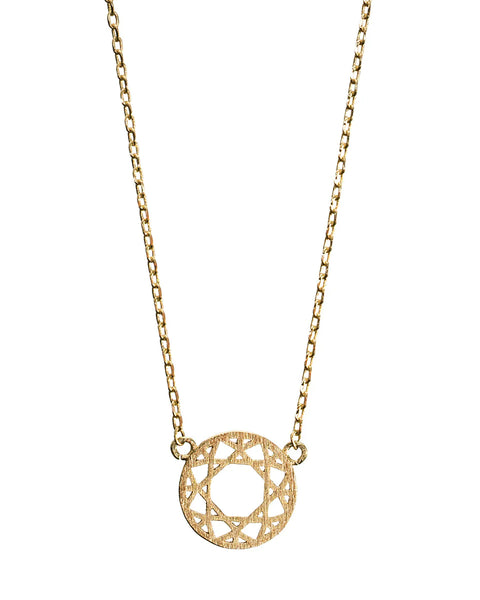 Modern gold geometric dreamcatcher charm necklace perfect for layering, gifting, and everyday wear.