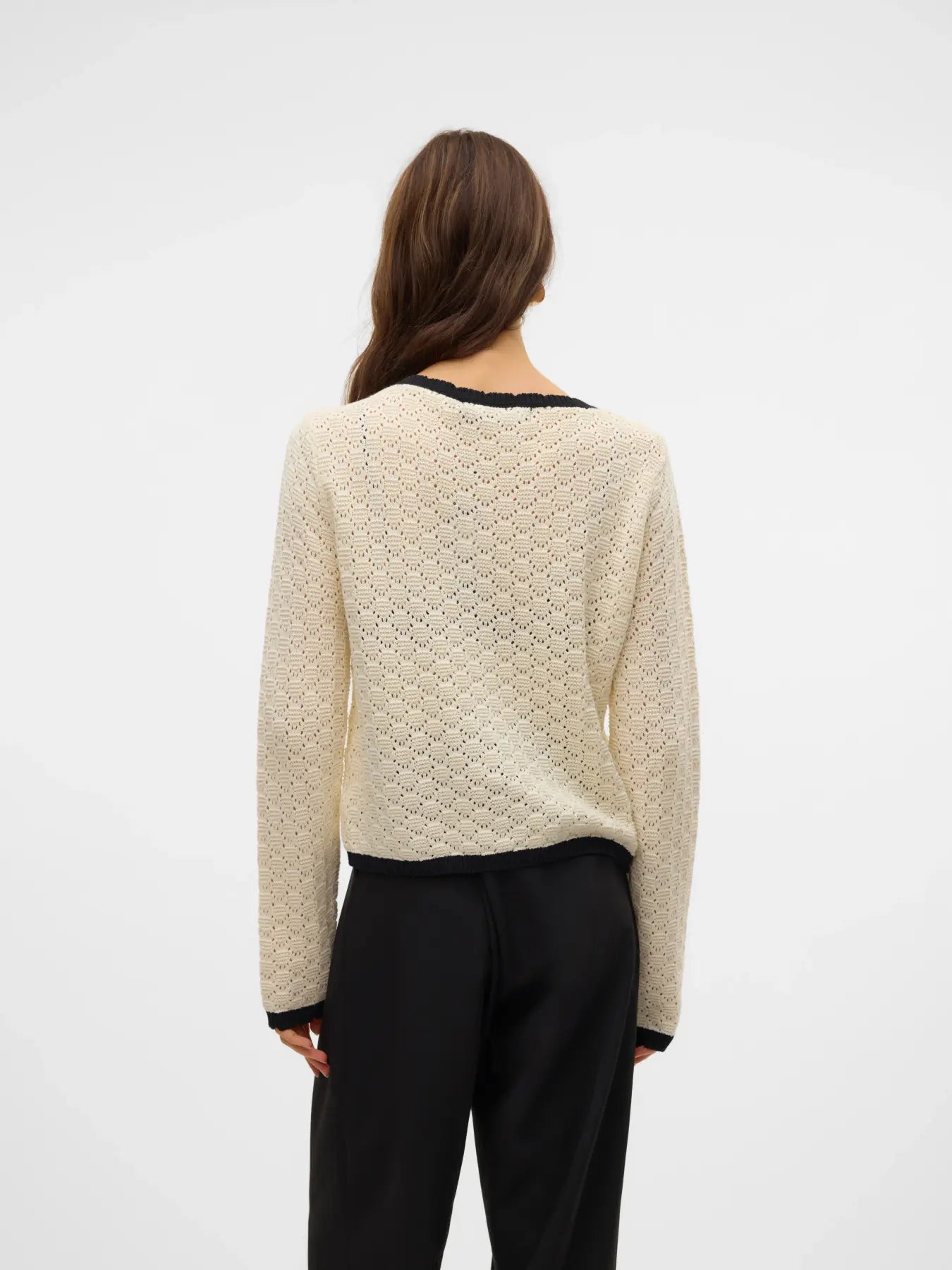 Women's contrast trim knit cardigan in ivory with round neckline, delicate pointelle knit and relaxed fit for chic layering.