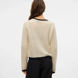 Women's contrast trim knit cardigan in ivory with round neckline, delicate pointelle knit and relaxed fit for chic layering.