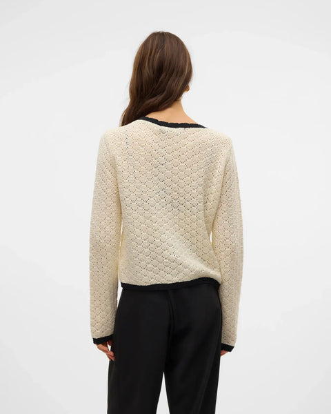 Women's contrast trim knit cardigan in ivory with round neckline, delicate pointelle knit and relaxed fit for chic layering.