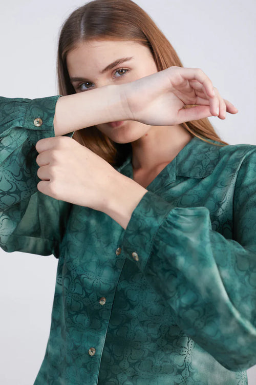 Fashion-forward green long sleeve shirt with tonal floral texture and effortless quiet luxury vibe.