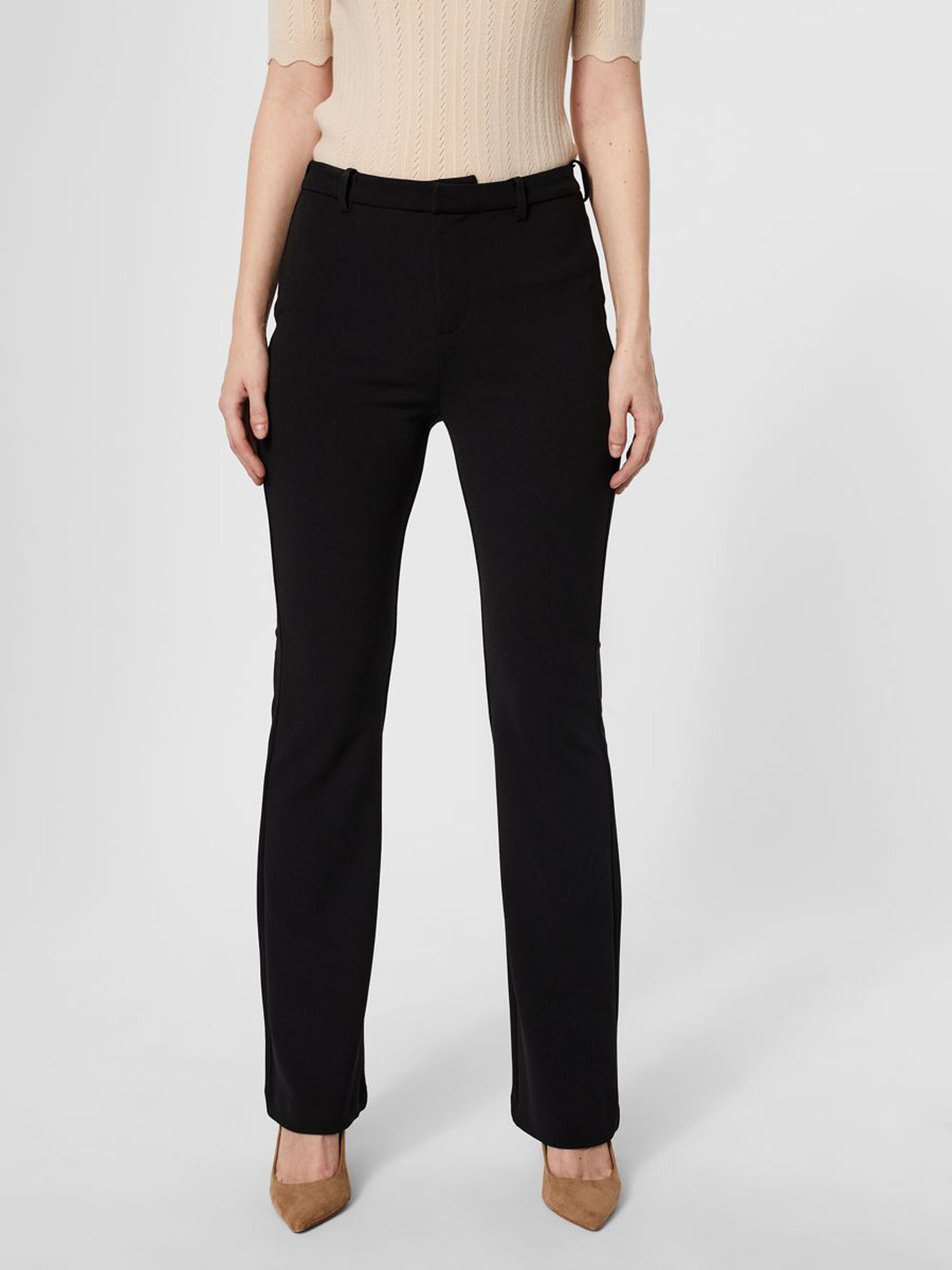 Elegant black bootcut trousers designed for office wear, business casual outfits, and formal styling.