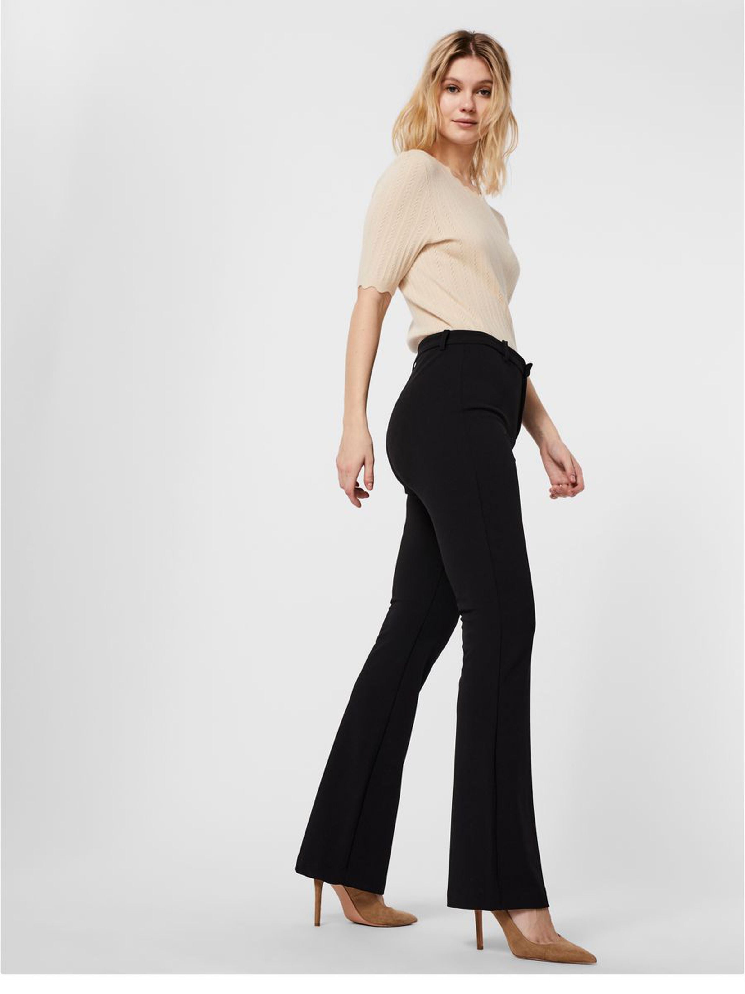 Women's black high-waisted flare pants featuring a sleek tailored silhouette and elongating fit.